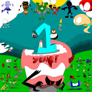 (8/26/2022) man human person thingy&#39;s 1st year anniversary art, contains every character in the series at the time