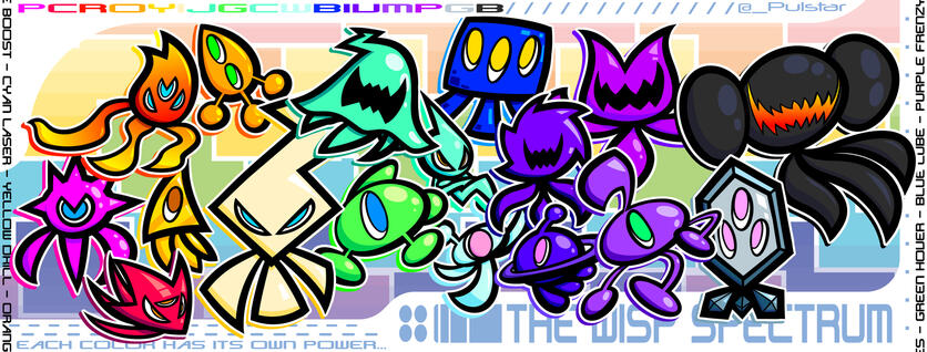 (9/30/2025) fanart of every wisp in the sonic series, sorted by color