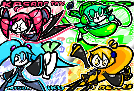 (6/14/2025) fanart of miku, teto, and neru with my oc giga