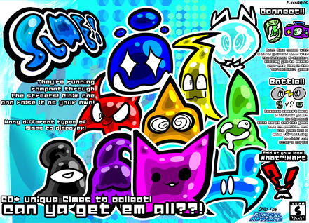 (12/19/2024) fictional ad about a pokemon esque toy line of a bunch of slime guys that come with cards, and also has a tie in game called tsutsu slme!?